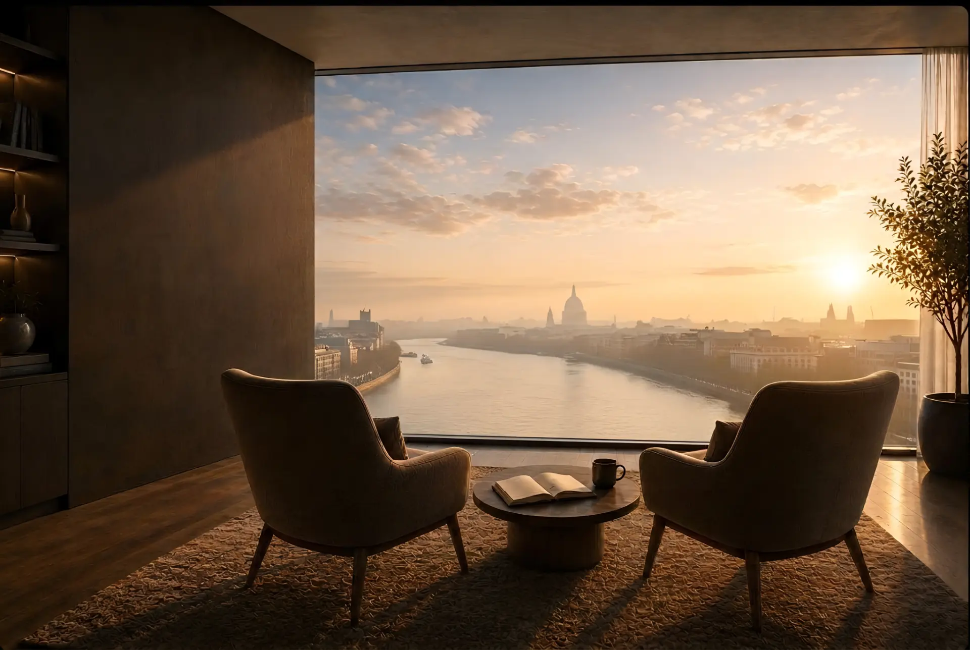 Quiet top-floor room with two armchairs facing a wide window over the river at sunrise